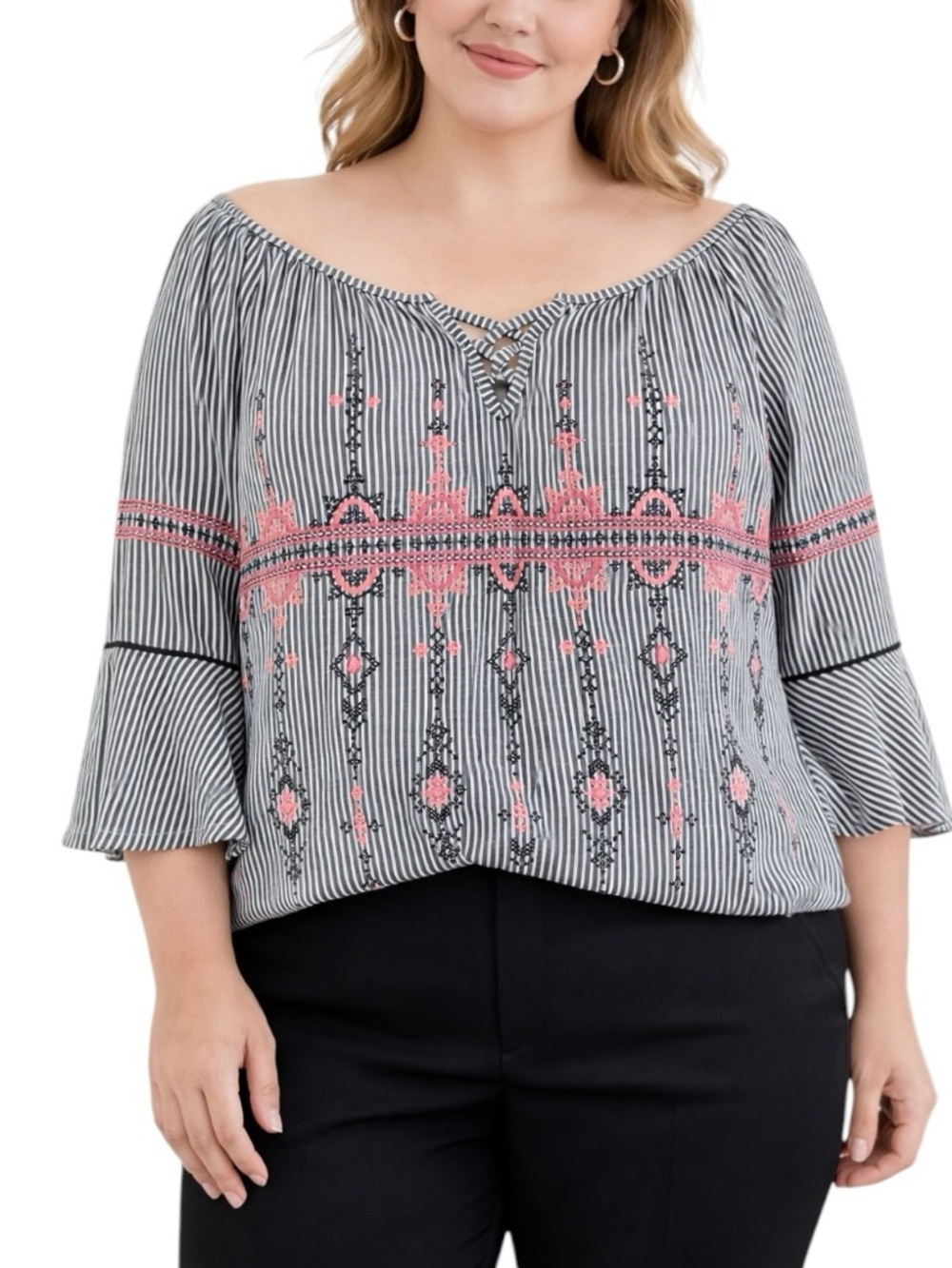 Absolutely Famous XL Stripe Boho Bell Sleeves Casual Blouse